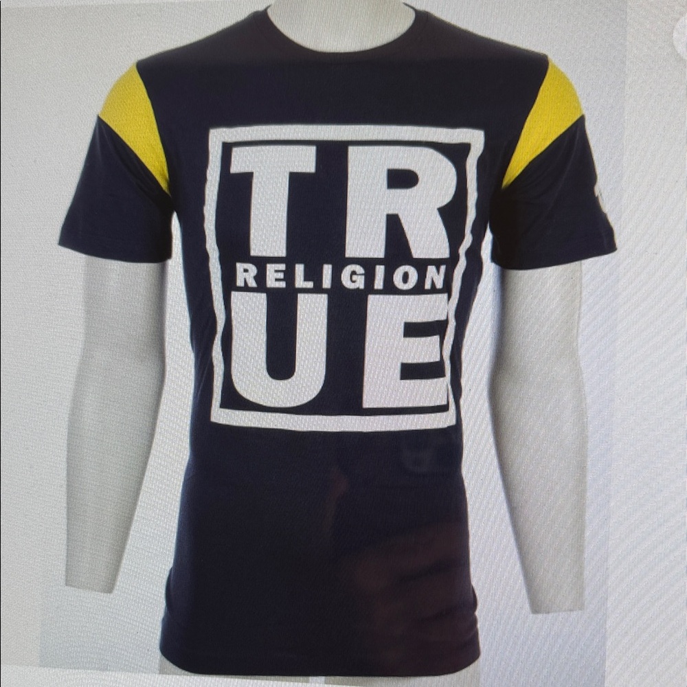 Y2K Men XXL True Religion Nostalgic Navy Retro Bold Fall Football Autumn Tee - Picture 2 of 16